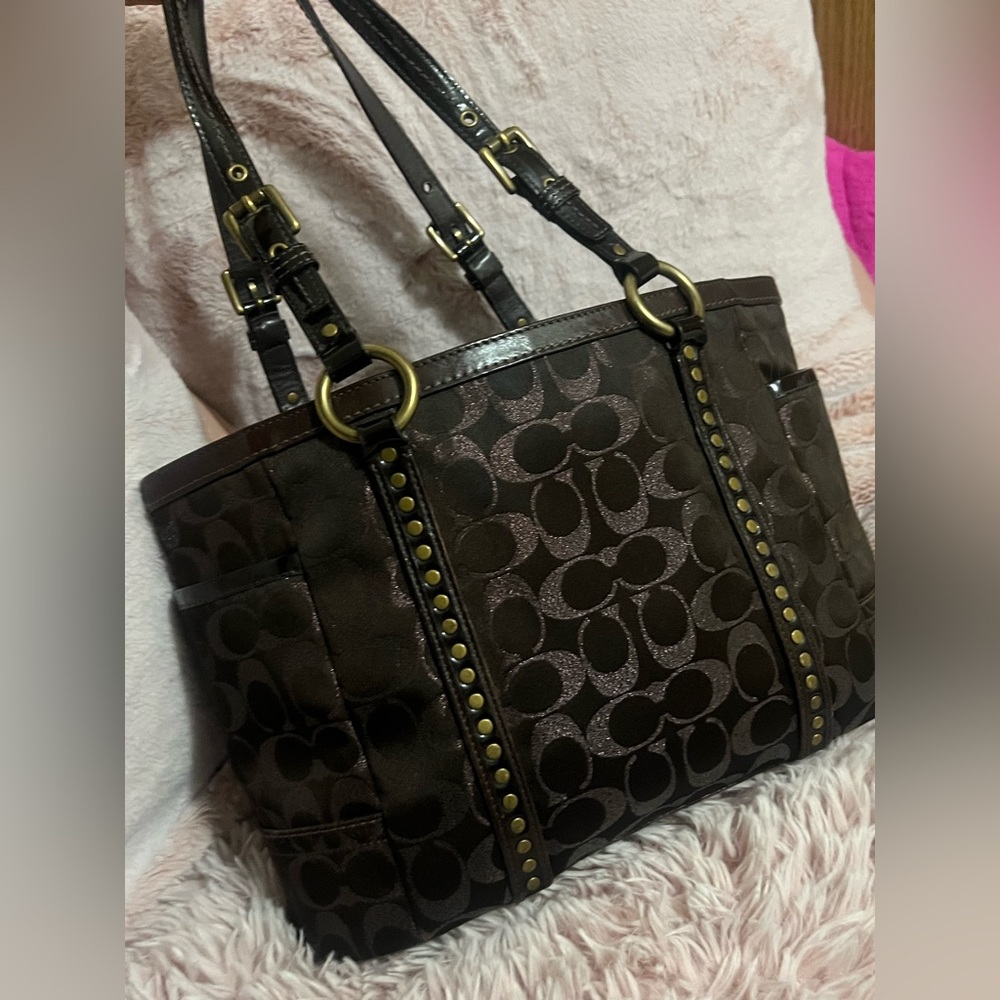Coach Studded Brown Shimmer Signature Lurex Metallic Tote Vintage